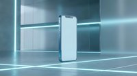 Smartphone with blank white screen displayed in futuristic neon-lit environment with glowing cyan lines and reflective surfaces, suitable for app mockups and tech marketing.
