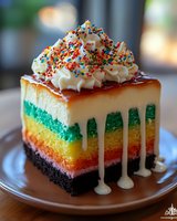 Rainbow layered cake slice with chocolate base, colorful sponge layers, caramel drizzle, whipped cream topping and festive sprinkles on glass plate, soft background.