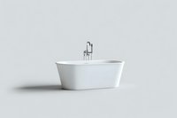 Modern white freestanding bathtub with chrome faucet on light gray background, minimalist bathroom interior design element isolated for architecture projects.