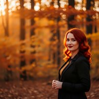 Young redhead woman in black coat smiling in autumn forest with golden sunlight and bokeh background during fall season outdoor portrait.