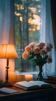 Cozy evening window scene with peach roses in vase, open book, glowing table lamp and candles against blurred autumn forest background creating warm atmosphere.