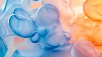 Ethereal abstract fluid art in blue and peach tones creates dreamy organic shapes with soft translucent bubbles and flowing curves, suitable for modern wall decor.