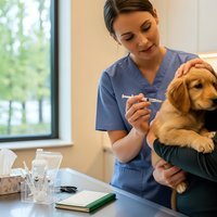 Female veterinarian in blue scrubs giving vaccination to golden retriever puppy in modern clinic. Professional pet healthcare and immunization service.