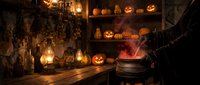 Witch's potion cauldron bubbling with glowing red mist in candlelit workshop surrounded by carved jack-o-lanterns, hanging herbs, lanterns and mystical decorations for spooky season celebrations.