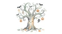 Spooky Halloween tree with carved pumpkins, flying bats and ghosts on branches. Watercolor autumn decoration isolated on white background for seasonal designs.