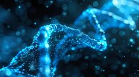 Glowing blue DNA helix structure with connected dots and lines forming genetic molecule shape against dark background, scientific medical concept.