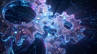 Futuristic digital technology background with glowing circuit board patterns and electronic components in blue and purple neon colors for tech designs.