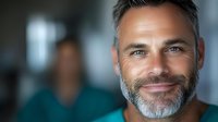 Professional middle-aged Caucasian businessman with gray beard smiling confidently in modern office environment for corporate marketing materials.