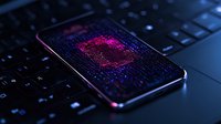 Smartphone displaying glowing pink digital heart amid binary code on dark screen, resting on black laptop keyboard, representing cyber love and digital romance.
