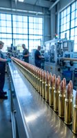 Ammunition production line with brass cartridges and copper bullets in modern industrial manufacturing facility with workers operating machinery.