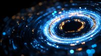 Abstract spiral of glowing blue and gold light particles against dark background creating futuristic technology concept for digital transformation.