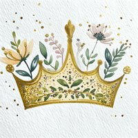 Watercolor golden crown with delicate flowers and greenery on white textured background, perfect for royal-themed designs.