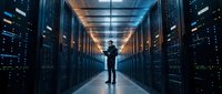 Male IT professional standing in modern data center corridor with server racks and blue lighting for technology and computing concepts.
