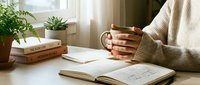 Woman in cozy sweater holding coffee mug at desk with open planner, books and plants creating peaceful morning workspace atmosphere for productivity.