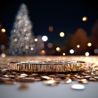 Glowing Christmas tree silhouette with golden coins scattered around circular metallic platform, festive bokeh lights creating magical holiday atmosphere.