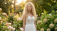 Young blonde Caucasian woman in elegant white lace dress standing among blooming flowers in garden during golden hour sunset light for wedding photography.