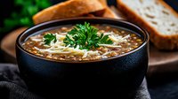 Hot lentil soup garnished with fresh parsley and grated cheese in black ceramic bowl, served with crusty bread slices on dark rustic background.