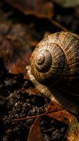 Detailed macro close-up of snail shell spiral pattern on forest floor with autumn leaves and natural textures for wildlife and nature concepts.