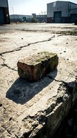 Weathered brick with moss on cracked concrete pavement in abandoned industrial area with warehouse buildings in blurred background.