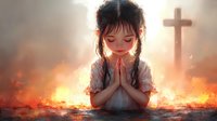 Young Asian girl with closed eyes praying at sunset, cross silhouette in background, spiritual atmosphere with warm glowing light and peaceful expression.