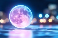 Mystical purple full moon reflecting on calm water surface with blurred city lights in background, creating dreamy night atmosphere.