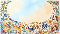 Watercolor frame with cute puppies, flowers, paw prints, and autumn leaves on a pastel background, perfect for pet-themed cards and invitations.