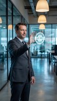 Middle-aged Caucasian businessman in dark suit interacting with holographic ISO 9001 certification interface in modern office environment for quality management.
