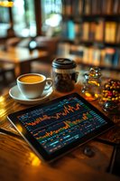 Digital tablet displaying financial charts and graphs on wooden table with coffee cup and snacks in cozy cafe atmosphere. Warm lighting creates inviting workspace.