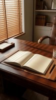 Cozy home office workspace with open book on wooden desk, warm sunlight through blinds creating peaceful reading atmosphere for study and work.