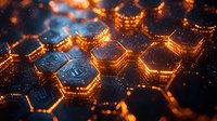 Glowing orange hexagonal circuit pattern with light trails and bokeh effects on dark background creates futuristic technological atmosphere for digital concepts.