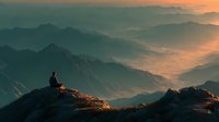 Silhouette of person sitting on mountain peak during golden hour sunrise with layered mountain ranges and warm orange sky creating peaceful meditation scene.