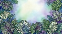 Ornamental kale leaves frame a soft watercolor background in shades of purple, green, and cream, creating an elegant botanical border suitable for design projects.