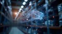 Futuristic digital brain visualization with glowing neural network connections and particles floating in dark server room environment. For AI technology concepts.