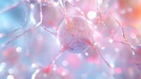Neuron cell with dendrites in soft pink and blue tones, showing neural connections in the brain for medical education and research.