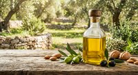 Premium olive oil bottle with fresh olives and nuts on rustic wooden table in Mediterranean garden setting for culinary and cooking applications.