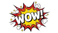 Comic book style wow explosion burst with stars and clouds on white background isolated for graphic design and print projects.