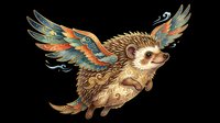Whimsical hedgehog with ornate feathered wings in gold, teal, and orange tones, isolated on transparent background. Ready for t-shirt design, clipart, stickers, sublimation, and print-on-demand projects.