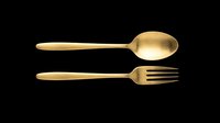 Gold matte spoon and fork set isolated on transparent background, ready for T-shirt design, stickers, clipart, print on demand, and sublimation projects.