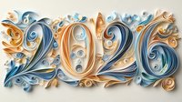 Decorative paper art numbers 2026 in blue and gold tones with swirling floral elements and curls on light background. Quilling technique artwork.