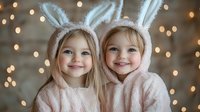 Two young blonde girls wearing pink bunny ear hoodies smile brightly against blurred holiday lights background creating magical festive atmosphere.