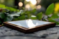 Empty wooden frame with blurred green foliage and bokeh lights in background creates dreamy atmosphere for product display or nature-inspired design projects.