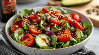 Fresh salad bowl with cherry tomatoes, sliced avocado, red onion, and mixed greens topped with seeds and balsamic dressing on gray ceramic plate.