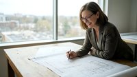 Professional Caucasian businesswoman architect reviewing construction blueprints at modern office desk near window, smiling while working on building plans.