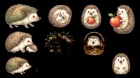 Adorable hedgehog collection isolated on transparent background. Cute characters in various poses holding apples, mushrooms, and flowers. Ready for t-shirt designs, stickers, clipart, sublimation, and print-on-demand products.