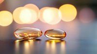 Glowing amber vitamin capsules on reflective surface with soft bokeh lights in background, creating warm atmospheric wellness composition.