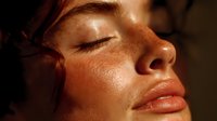 Close-up portrait of young woman with freckles and glowing skin in warm sunlight, eyes closed in peaceful expression. Perfect for beauty campaigns.