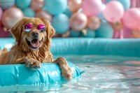 Happy Golden Retriever wearing heart-shaped sunglasses relaxing in swimming pool with colorful balloon background in pink and turquoise colors, summer party concept.