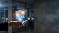 Businessman holding glowing shield with upward arrow symbol, representing data protection, cybersecurity, and business growth in modern office environment.