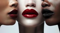 Close up of three diverse women's lips wearing different shades of lipstick from dark red to black, showing beauty and makeup artistry on light background.