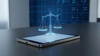 Digital justice scales hologram emerging from smartphone screen representing legal technology, law firm apps, and mobile legal services for modern attorneys.